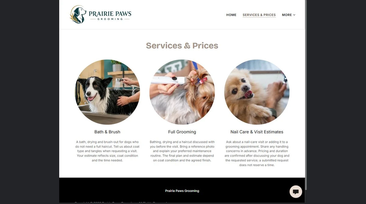 Finished Services & Prices example — privacy-cropped excerpt