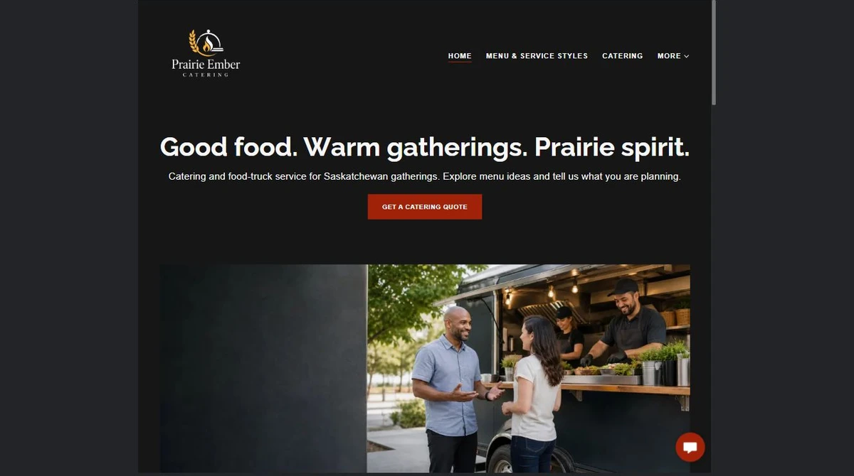 Finished Prairie Ember Catering home page — privacy-cropped excerpt