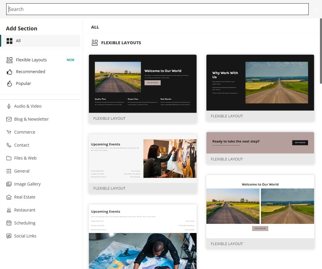 Website Builder Add Section library showing layouts and content categories — privacy-cropped excerpt
