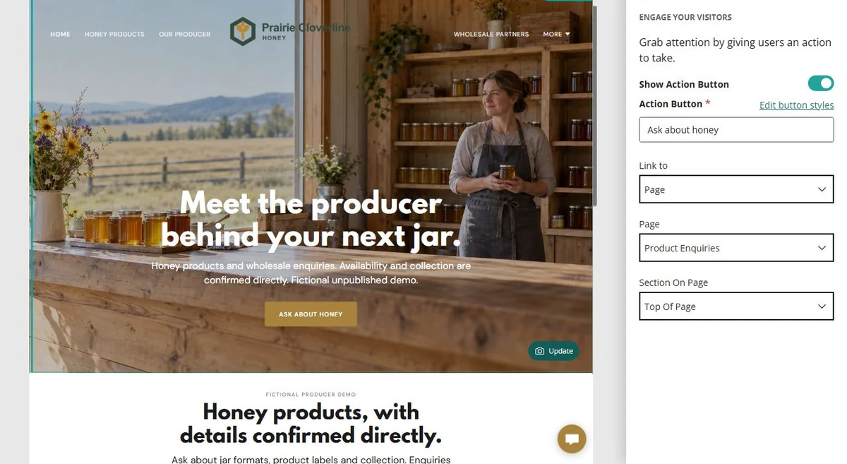 Prairie Cloverline Honey · Home action button — privacy-cropped excerpt