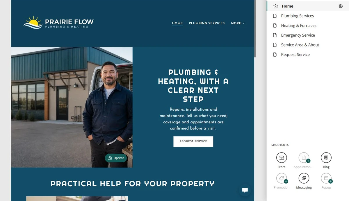 Website Builder editor showing Prairie Flow Plumbing and Heating pages and navigation controls — privacy-cropped excerpt
