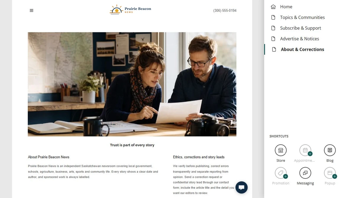 Website Builder editor showing the Prairie Beacon News home page — privacy-cropped excerpt
