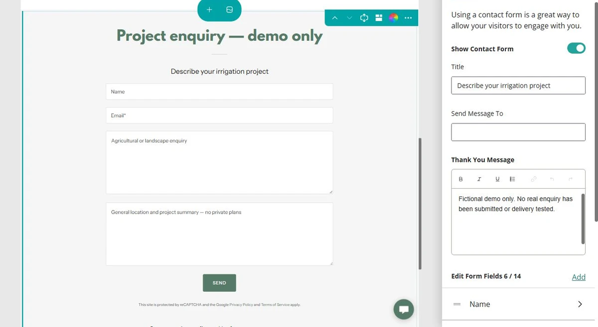 Prairie Field & Garden Waterworks · Project enquiry form controls — privacy-cropped excerpt