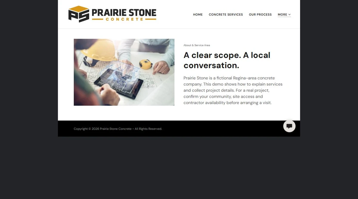 Finished About & Service Area example — privacy-cropped excerpt