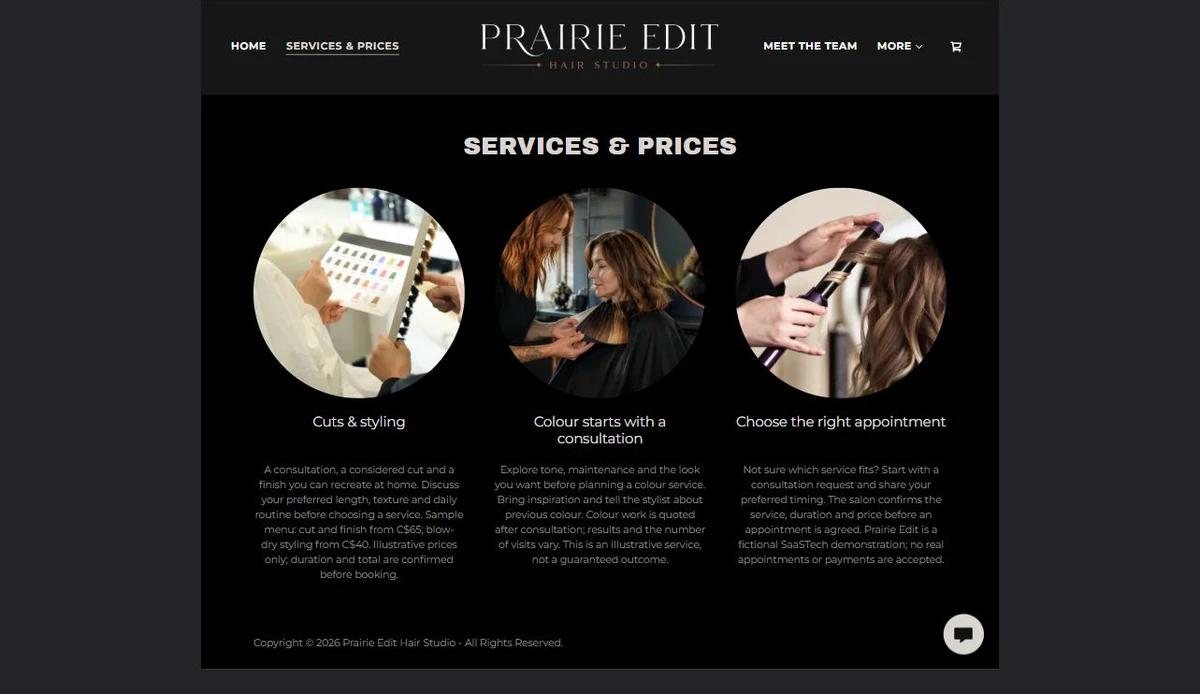 Finished Services & Prices example — privacy-cropped excerpt