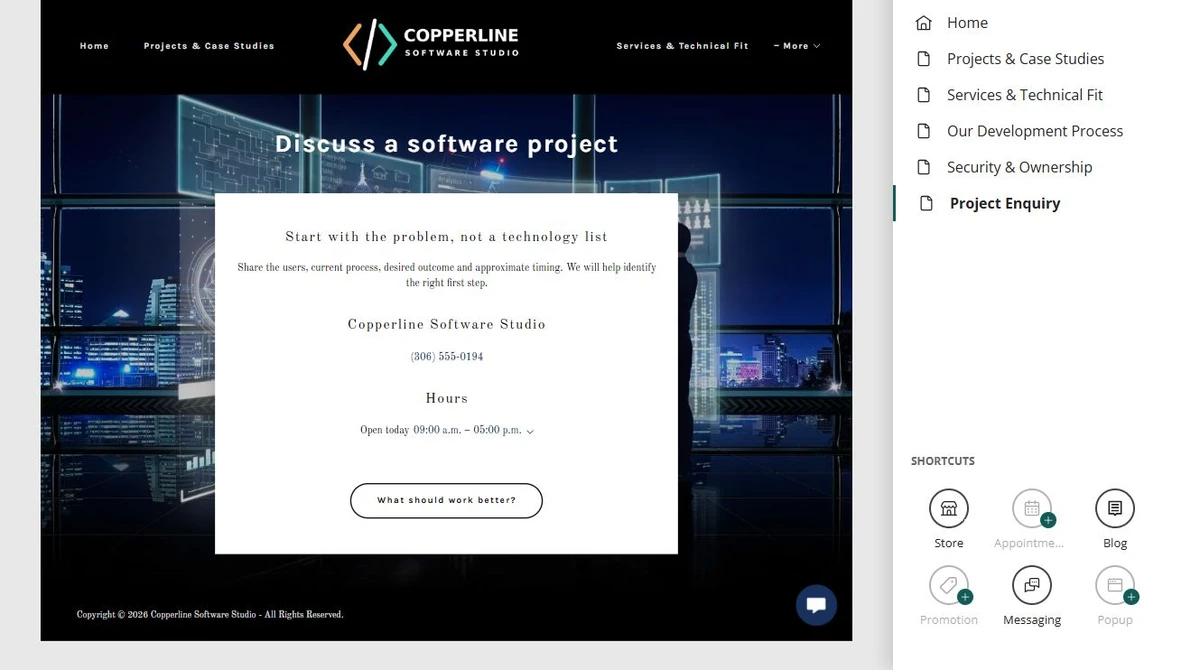 Give every software page a clear job for Copperline Software Studio in Website Builder — privacy-cropped excerpt