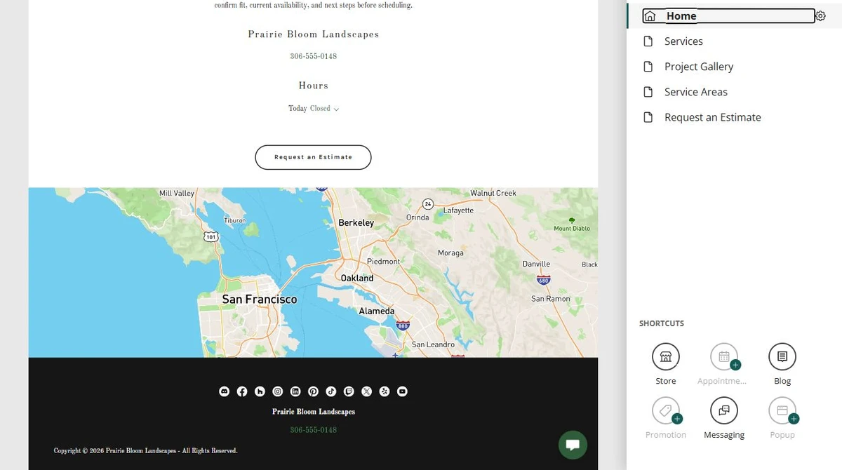 Website Builder page organizer for Prairie Bloom Landscapes — privacy-cropped excerpt
