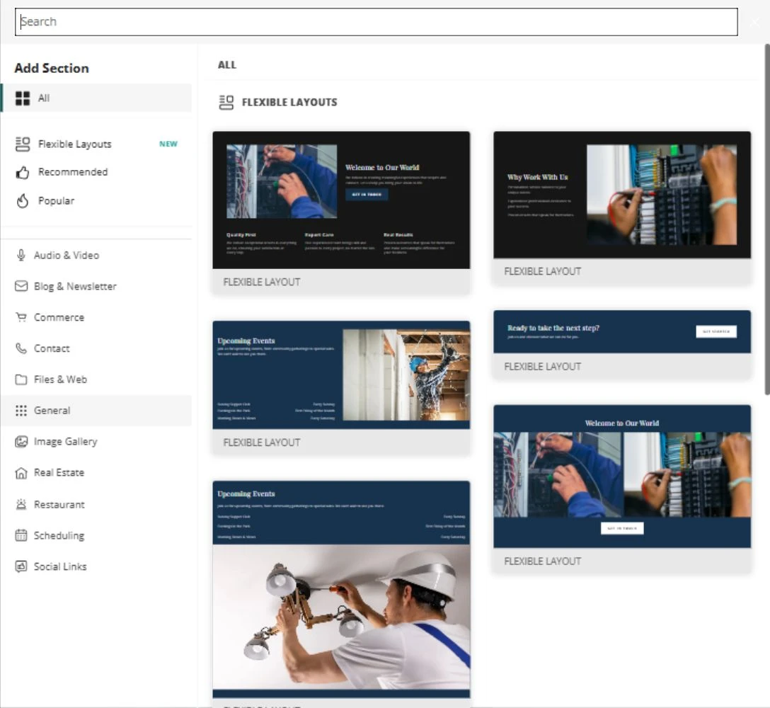 Website Builder Add Section library showing electrical service layouts — privacy-cropped excerpt
