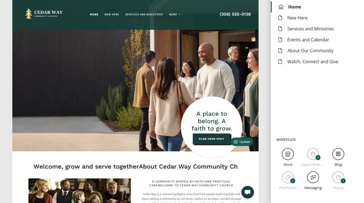 Website Builder page navigation showing all six Cedar Way Community Church pages — privacy-cropped excerpt