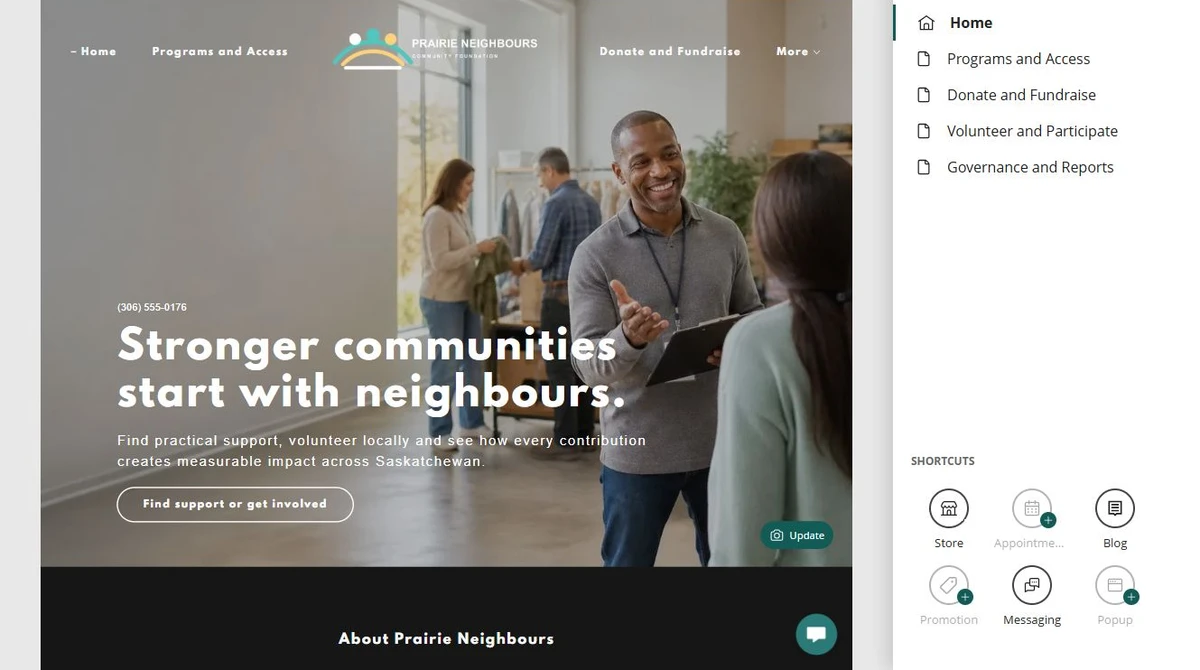 Website Builder editor showing the Prairie Neighbours home page — privacy-cropped excerpt