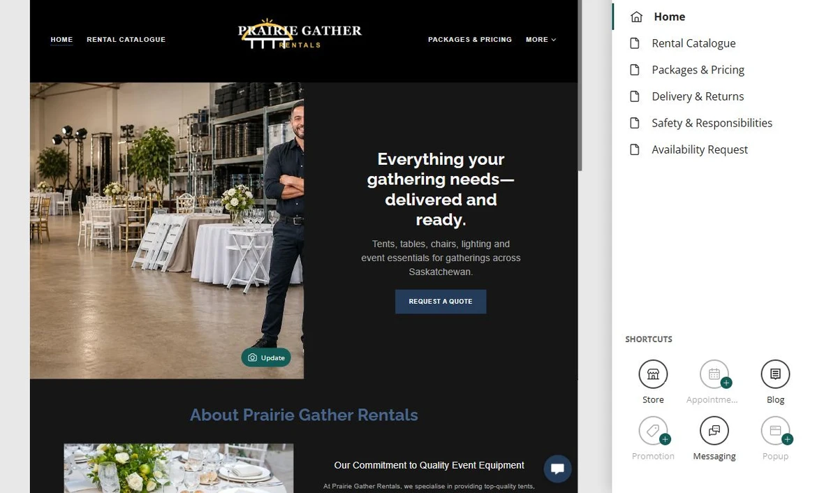 Website Builder editing the Prairie Gather Rentals home page — privacy-cropped excerpt