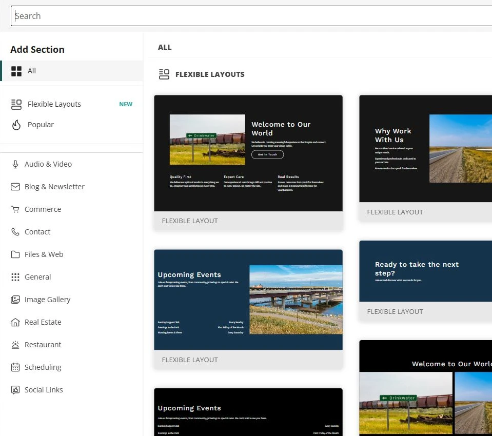Website Builder section chooser for Prairie Link Transportation — privacy-cropped excerpt