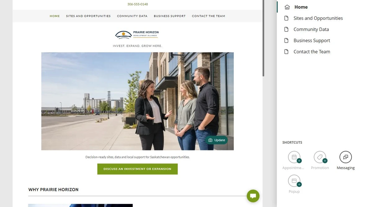 Website Builder page organizer for Prairie Horizon Development Alliance — privacy-cropped excerpt
