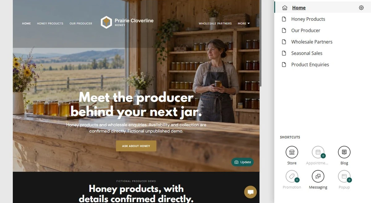 Prairie Cloverline Honey · Website overview — privacy-cropped excerpt