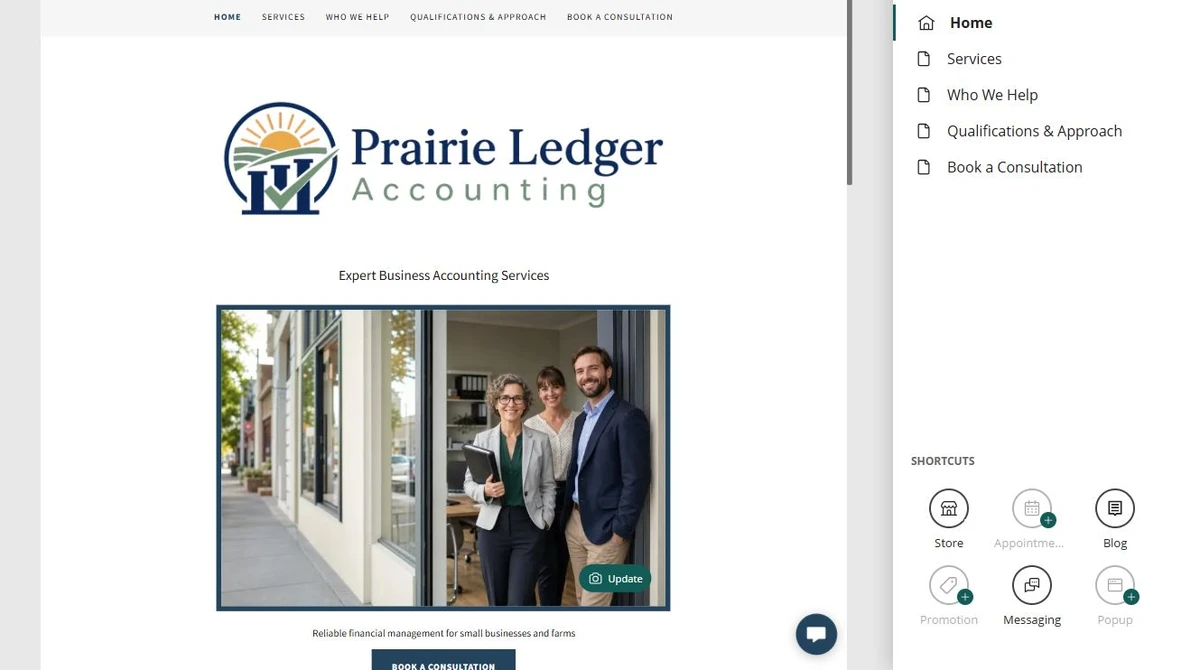 Prairie Ledger Accounting home page beside the five-page Website Builder navigation panel — privacy-cropped excerpt