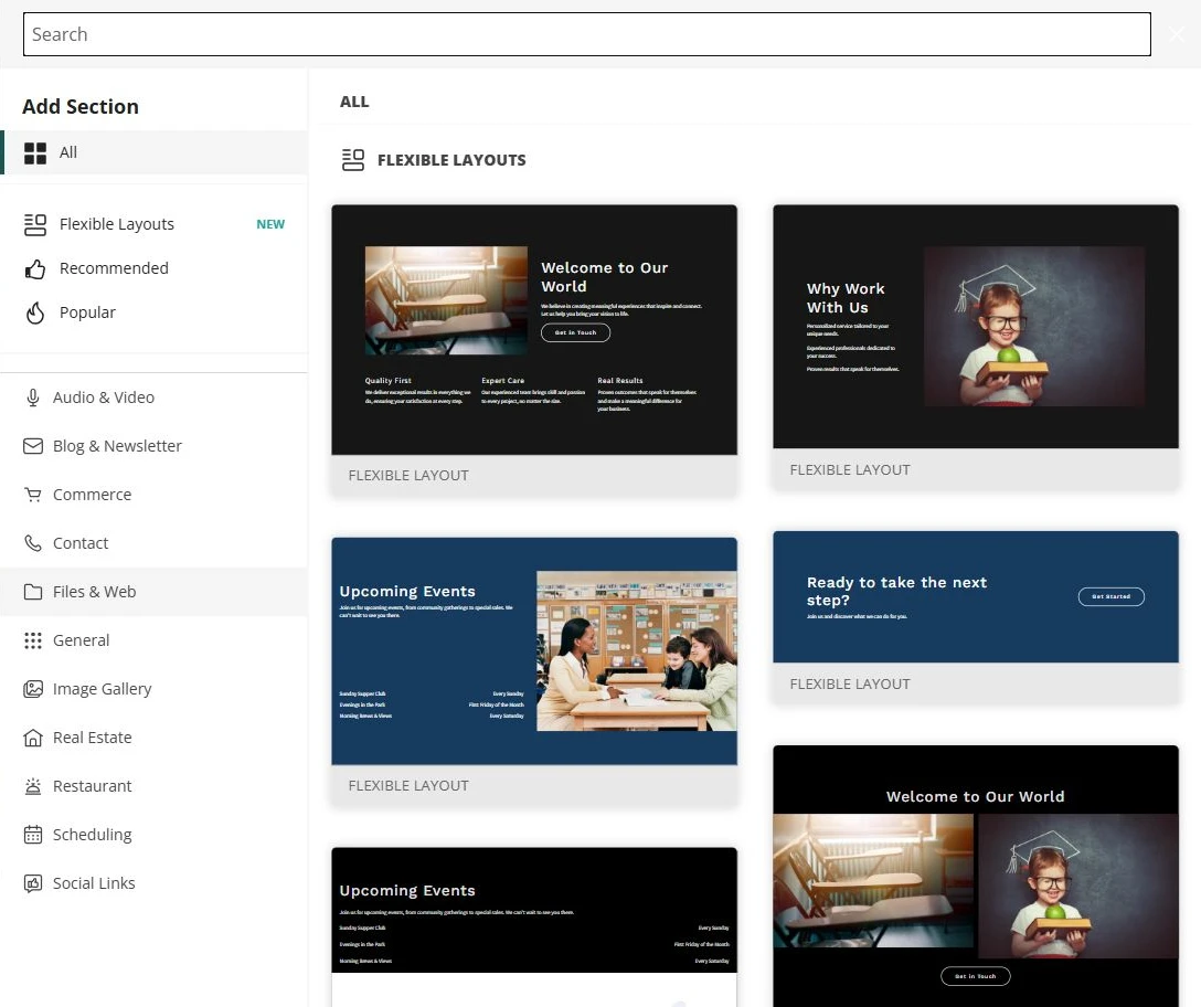 Website Builder Add Section library beside the Aspen Bridge site — privacy-cropped excerpt
