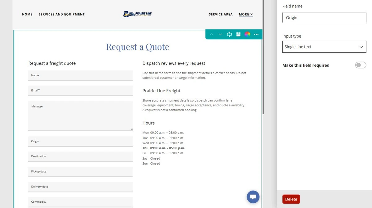 Origin field settings beside the freight enquiry form — privacy-cropped excerpt