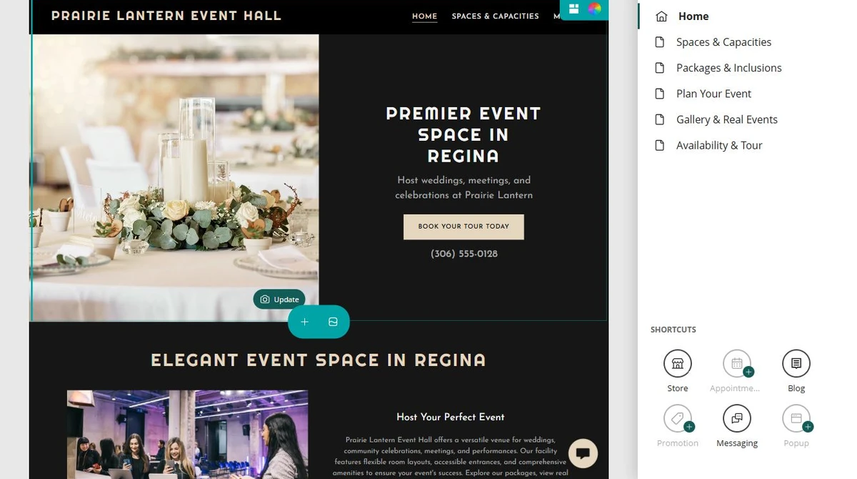 Website Builder editing the Prairie Lantern Event Hall home page — privacy-cropped excerpt