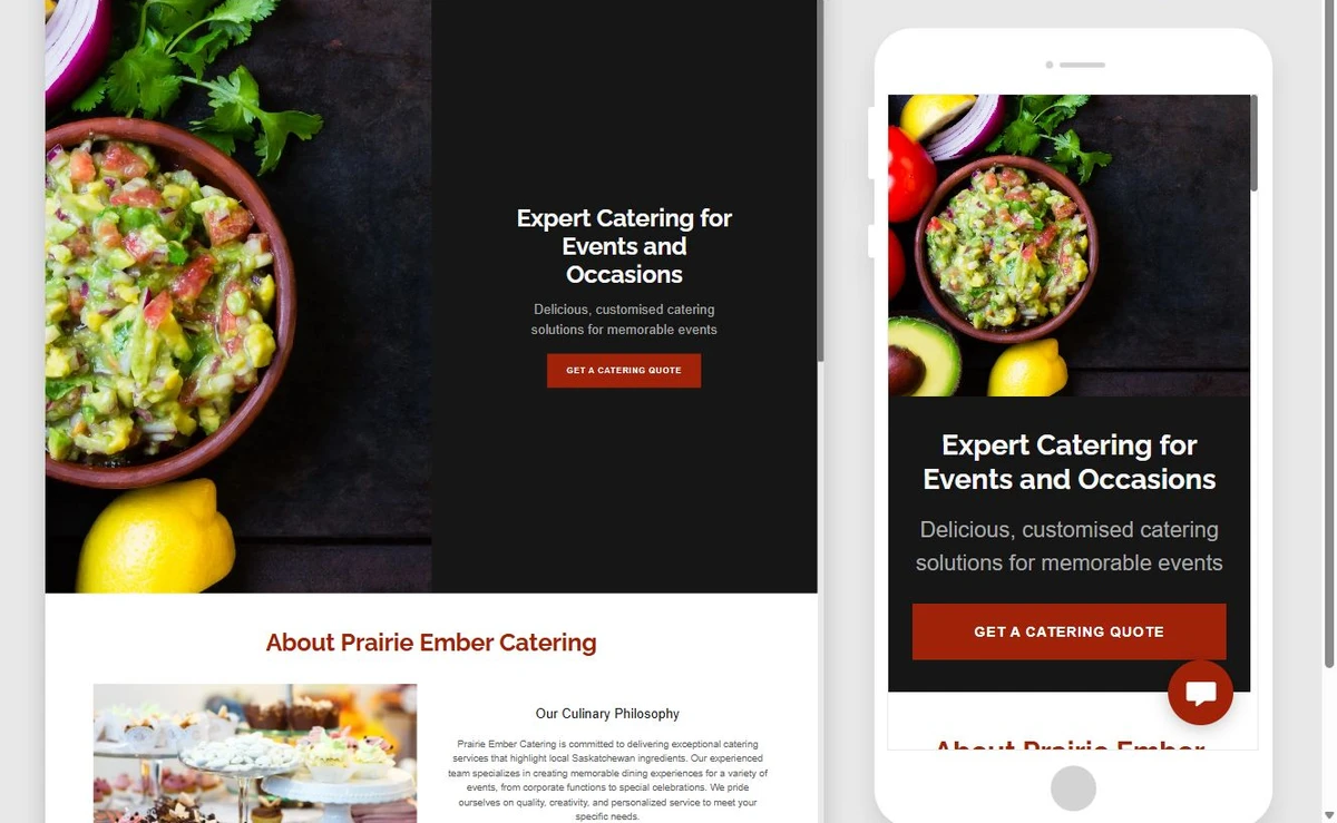 First generated Prairie Ember Catering website draft — privacy-cropped excerpt