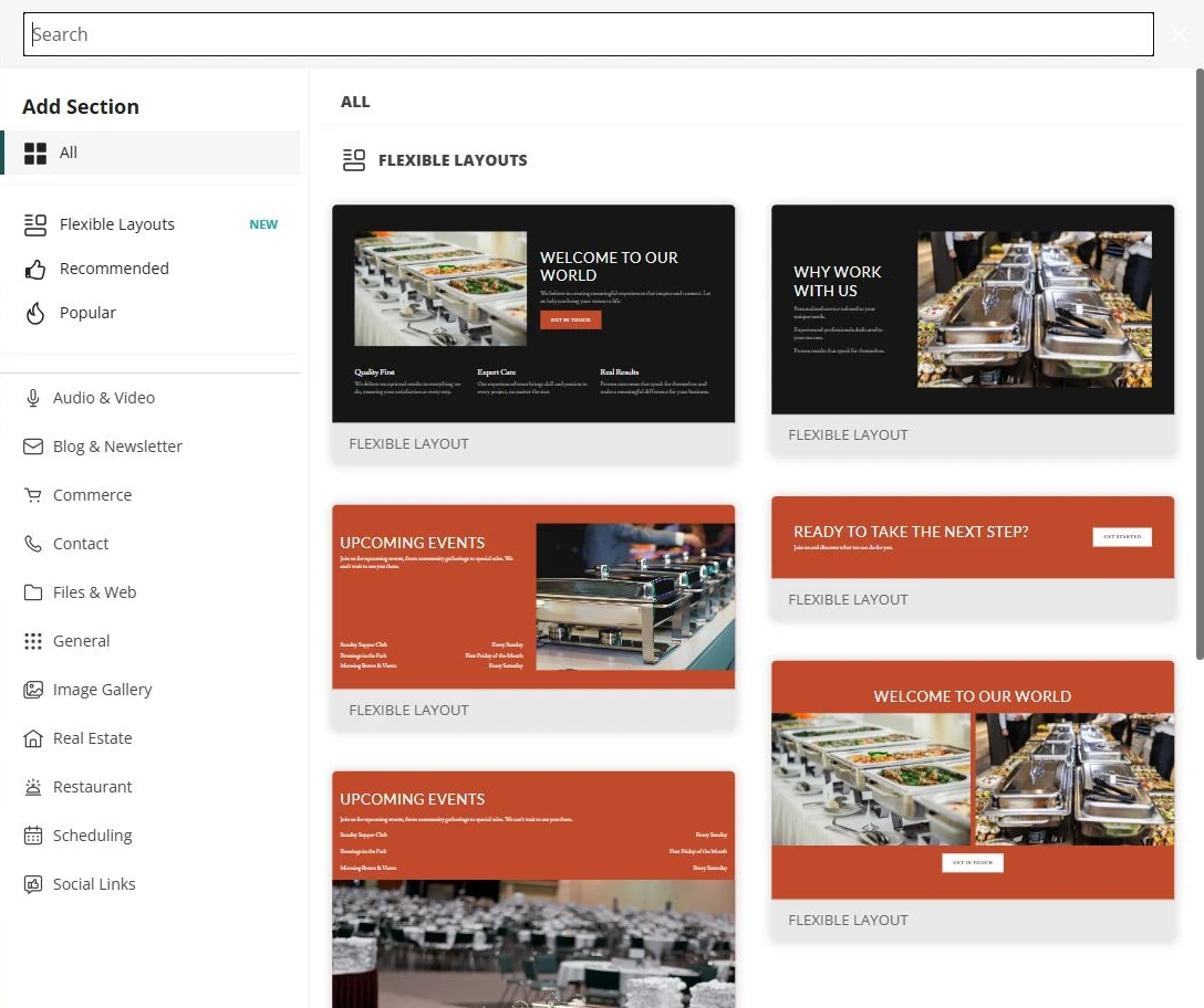 Website Builder Add Section library showing available section categories — privacy-cropped excerpt