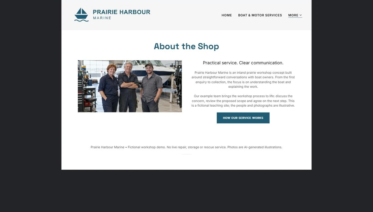 Finished About the Shop example — privacy-cropped excerpt
