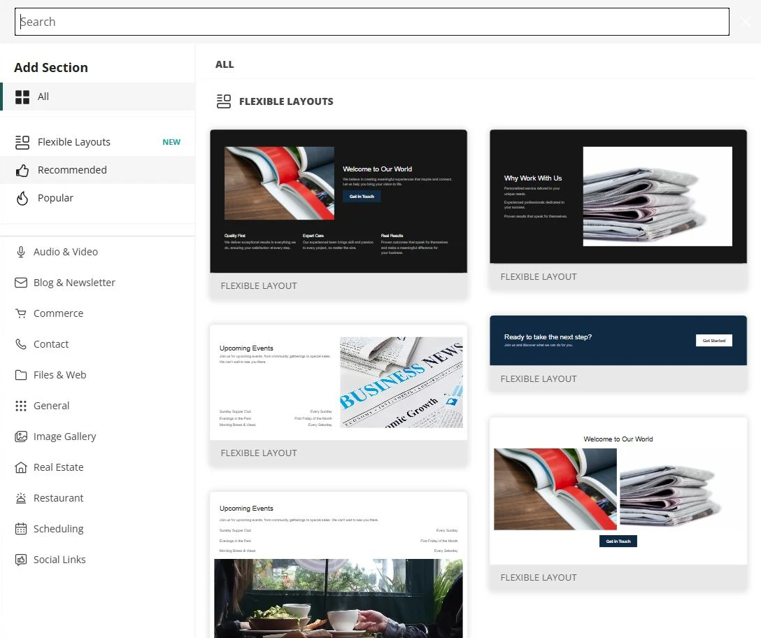 Website Builder Add Section library beside the Prairie Beacon News site — privacy-cropped excerpt