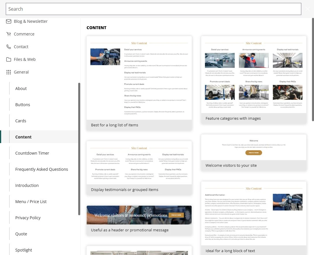 Prairie Restore · General → Content layouts — privacy-cropped excerpt