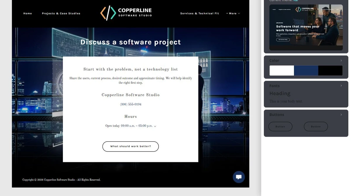 Coordinate the full theme for Copperline Software Studio in Website Builder — privacy-cropped excerpt