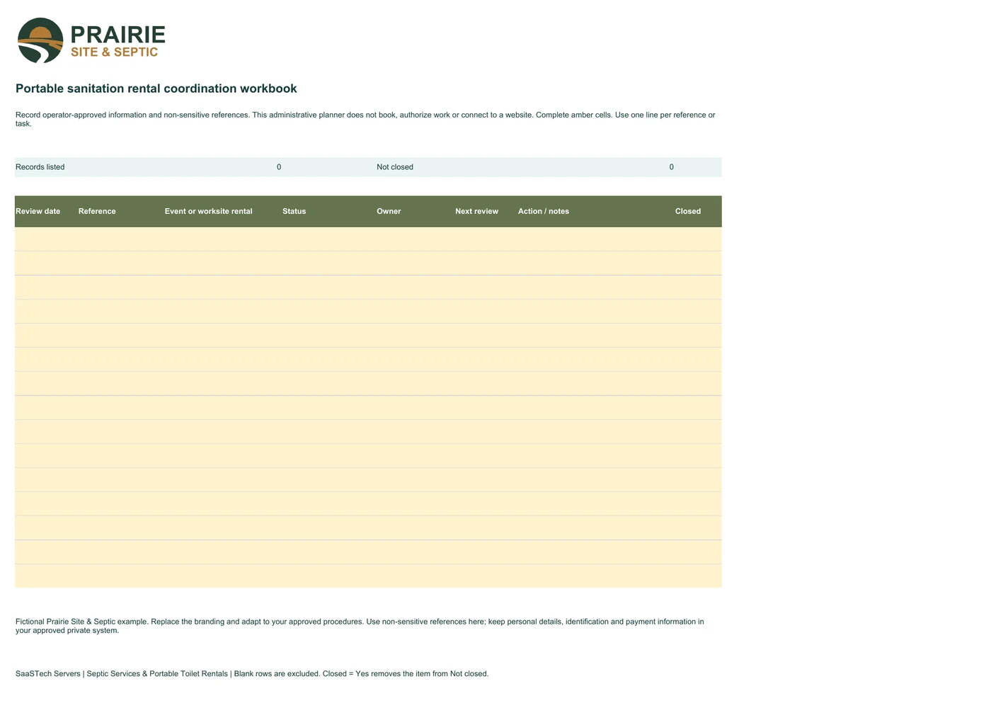 Portable sanitation rental coordination workbook