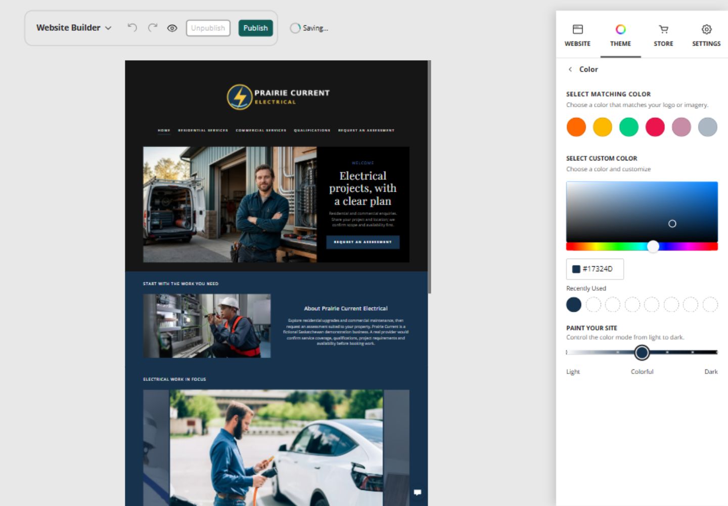 Website Builder colour controls for Prairie Current Electrical