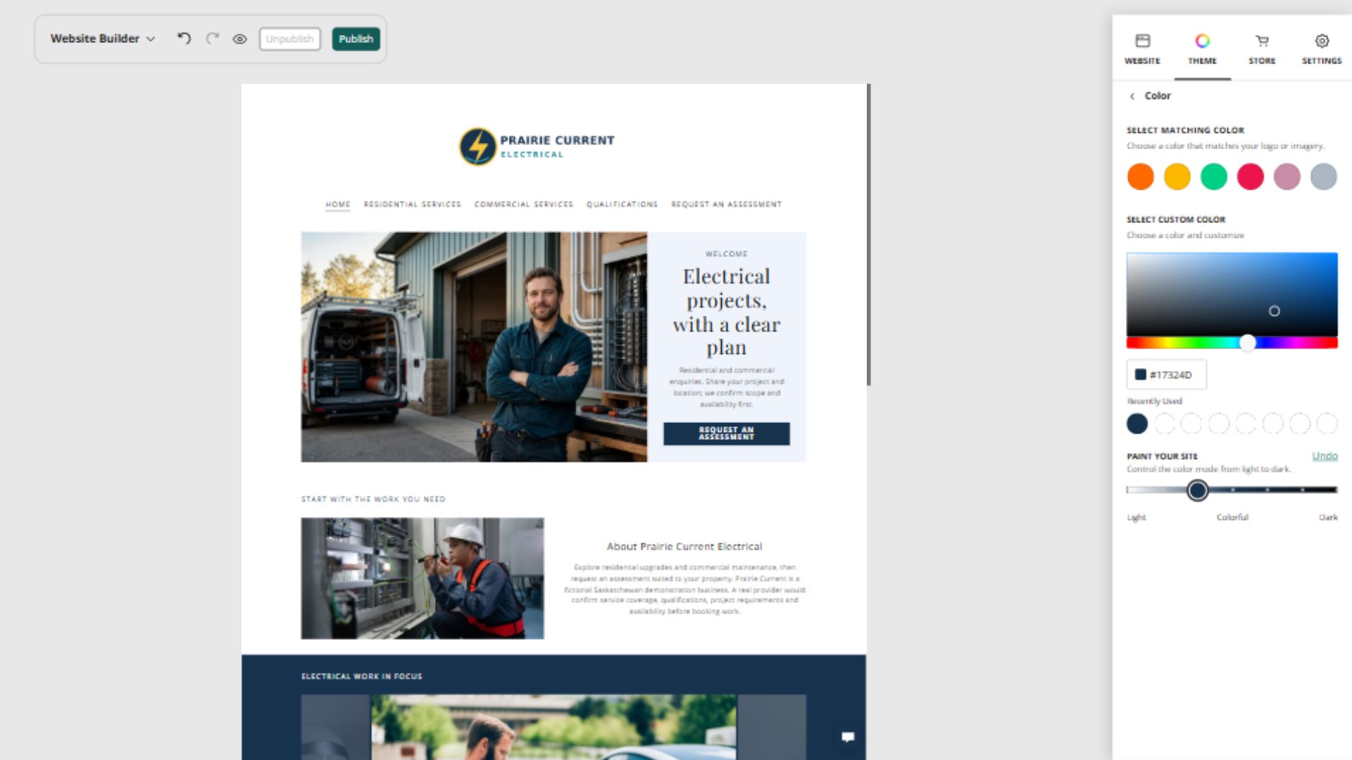 Prairie Current Electrical desktop home page at Paint your site position 3: Light with colour accents