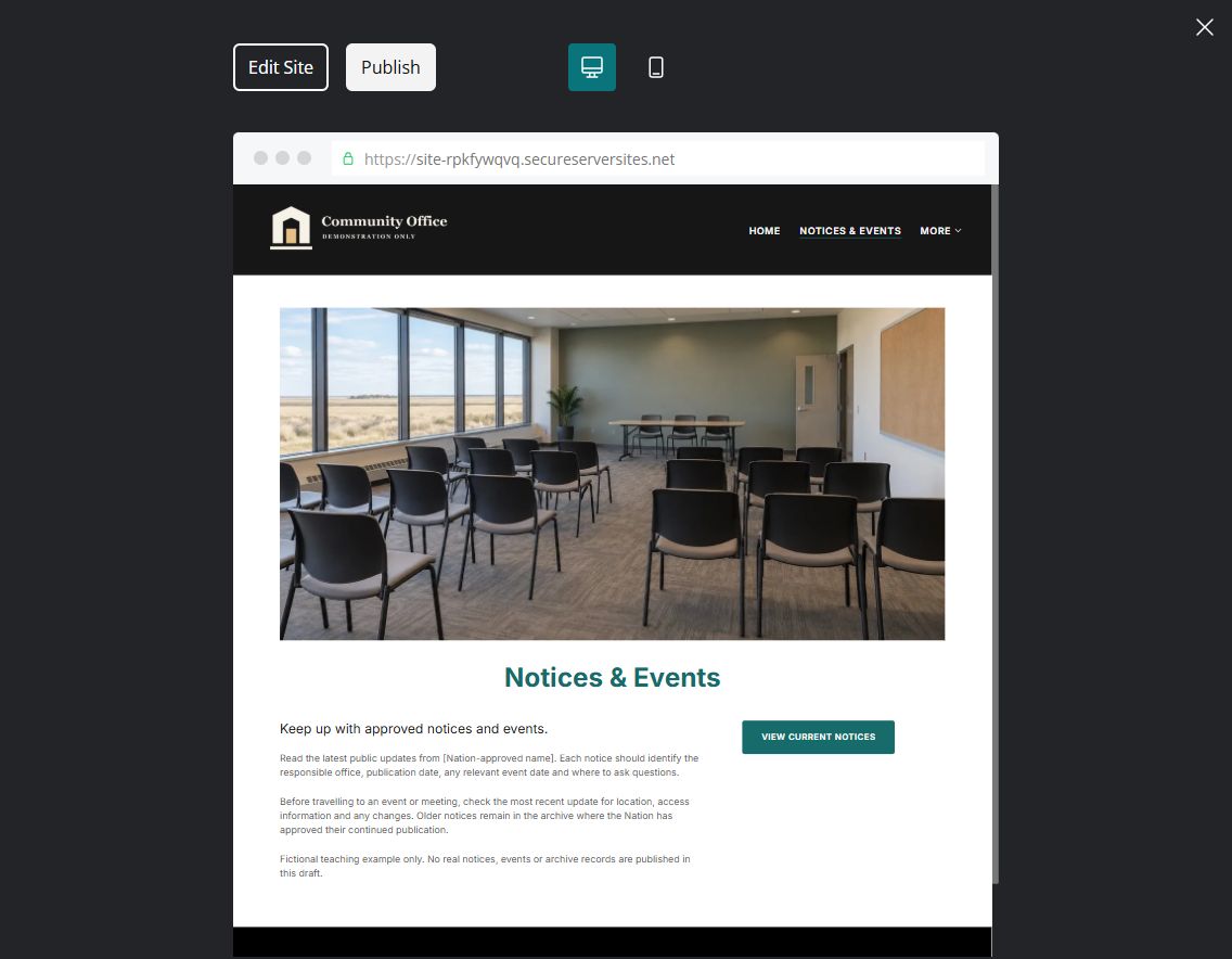 Captured first-screen Notices & Events example