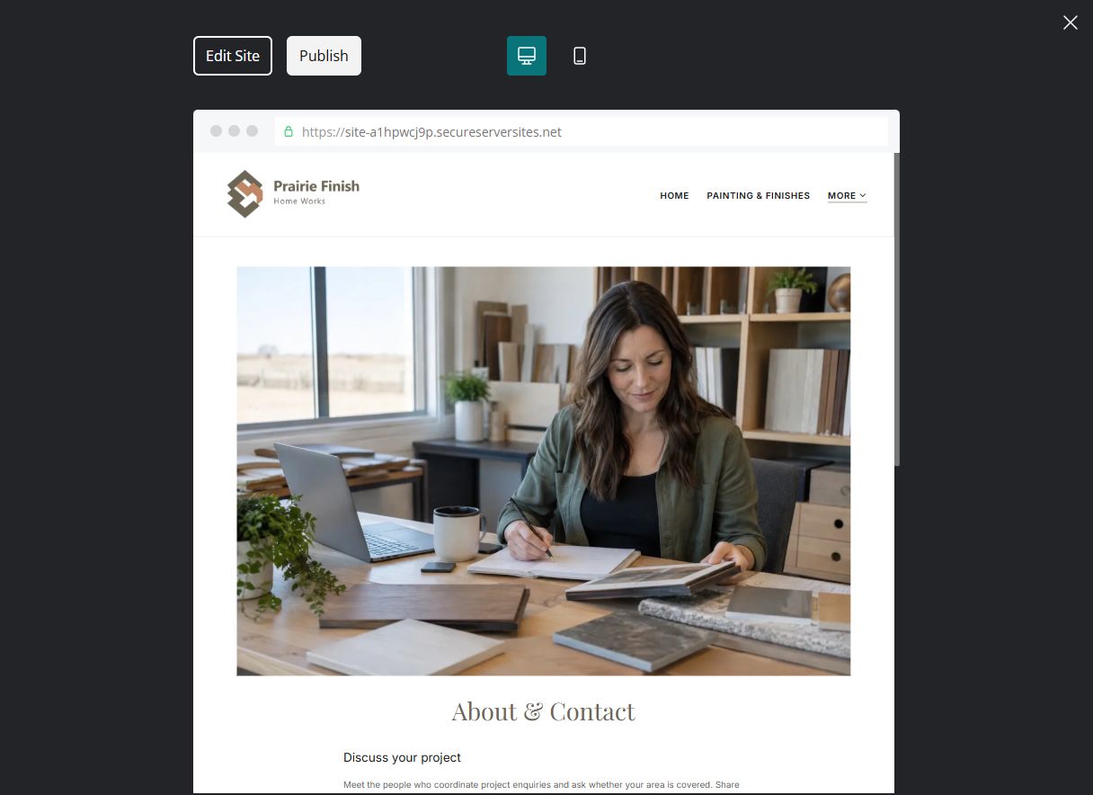 Captured first-screen About & Contact example