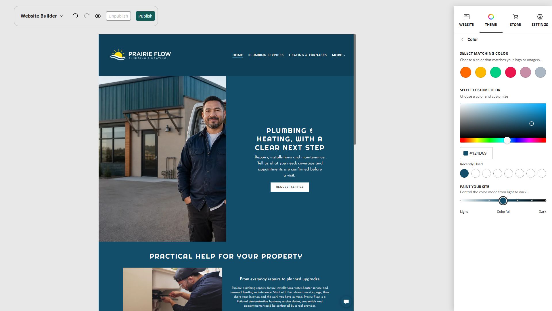 Website Builder theme colour controls for Prairie Flow Plumbing and Heating