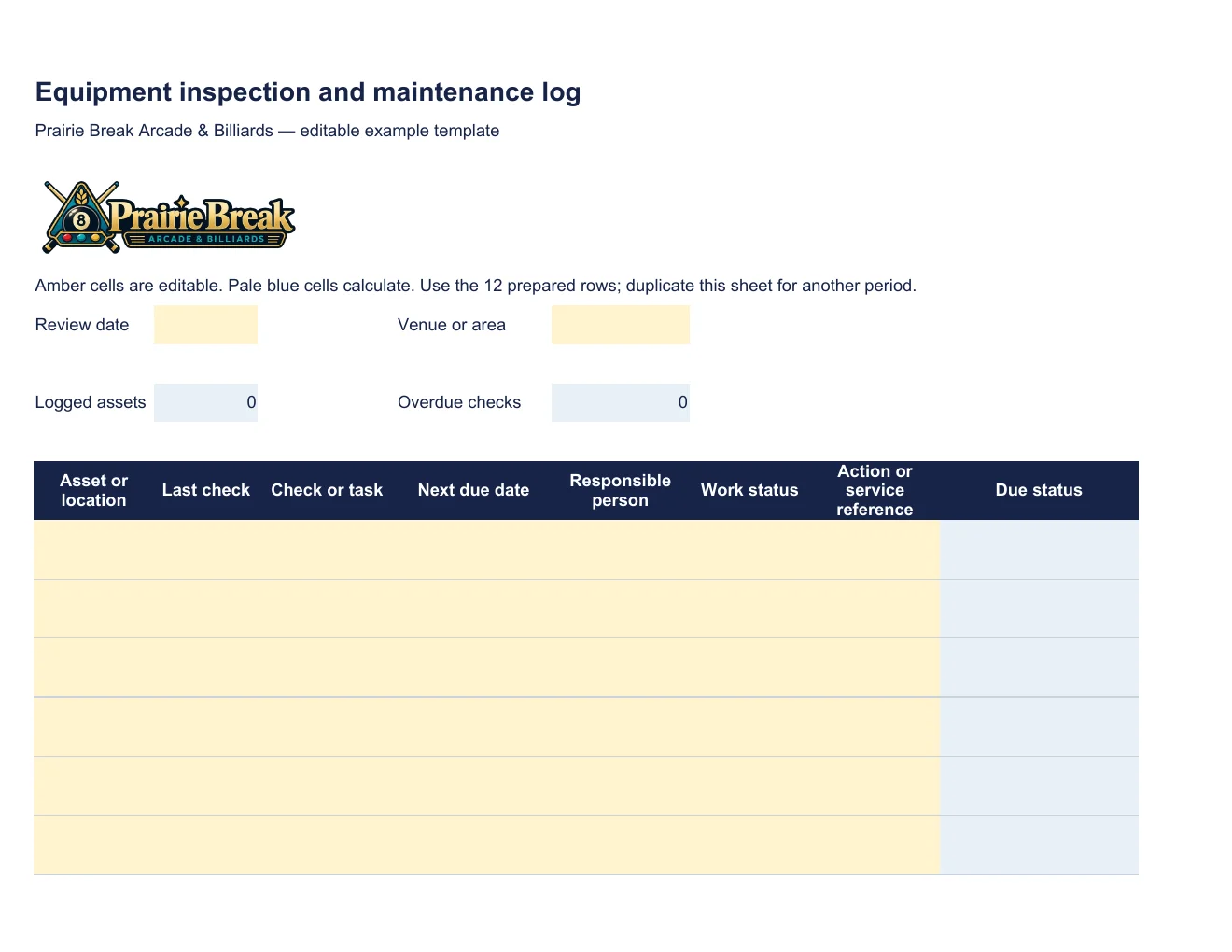 Equipment inspection and maintenance log · Page 1