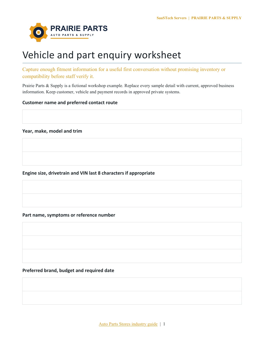 Vehicle and part enquiry worksheet · Page 1