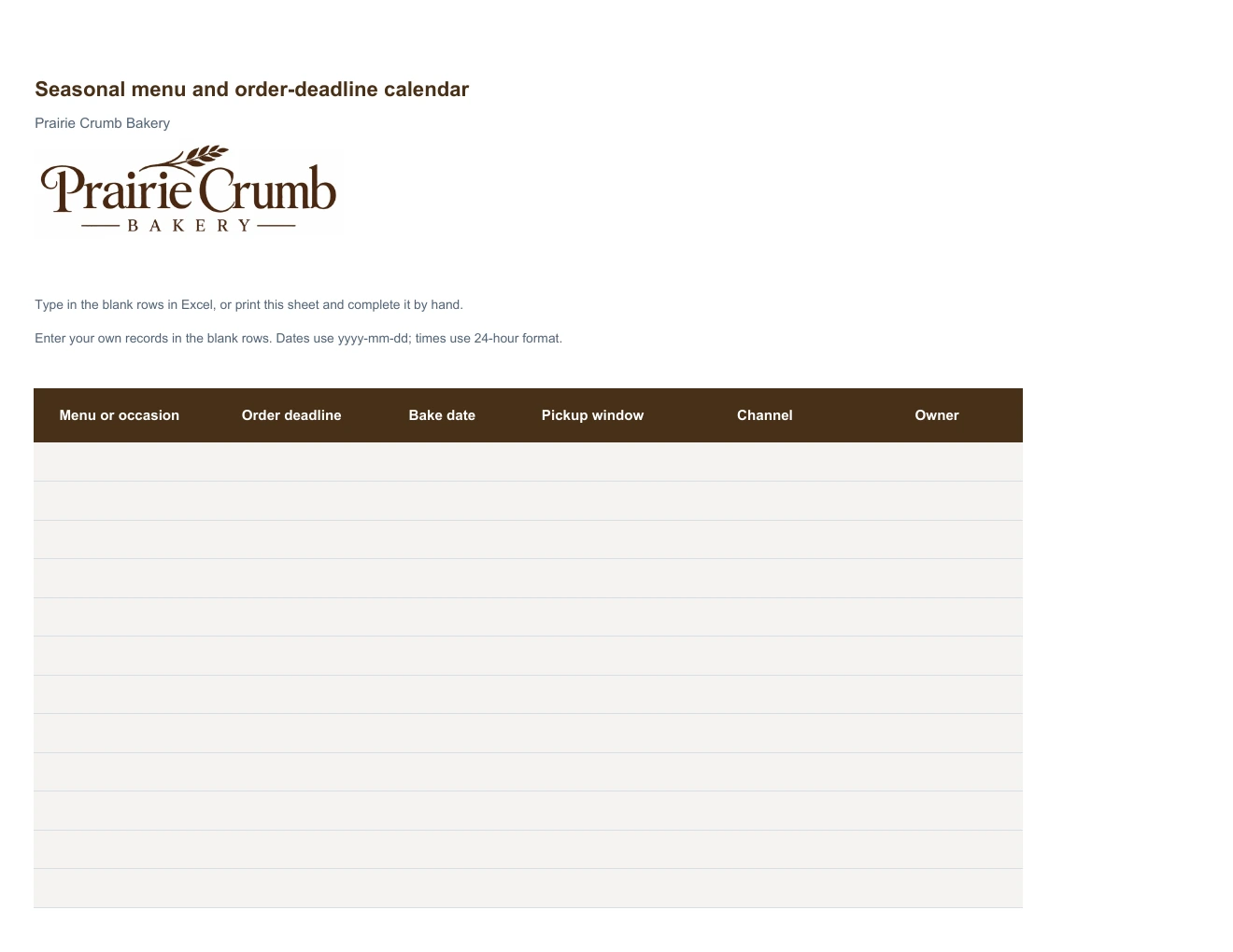 Seasonal menu and order-deadline calendar