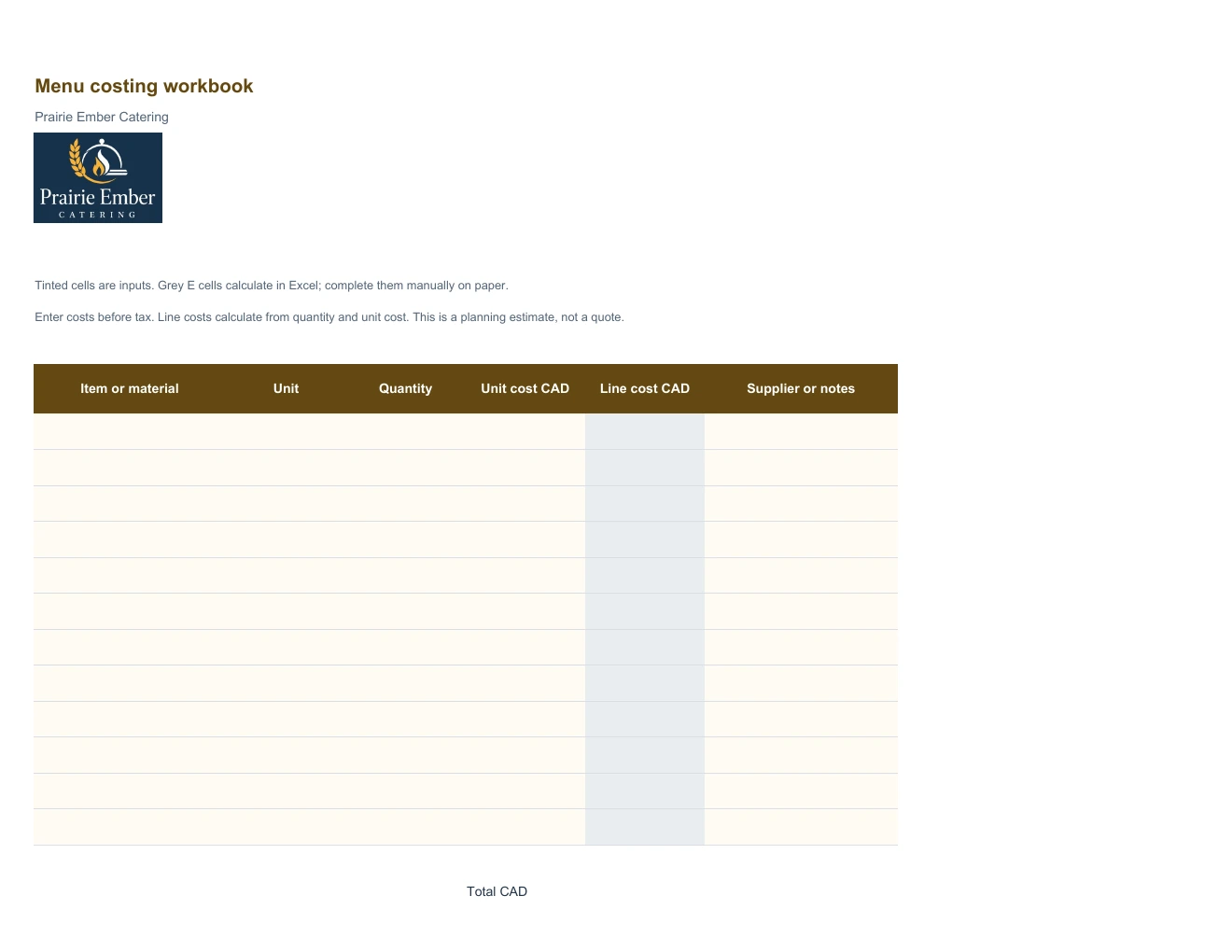 Menu costing workbook