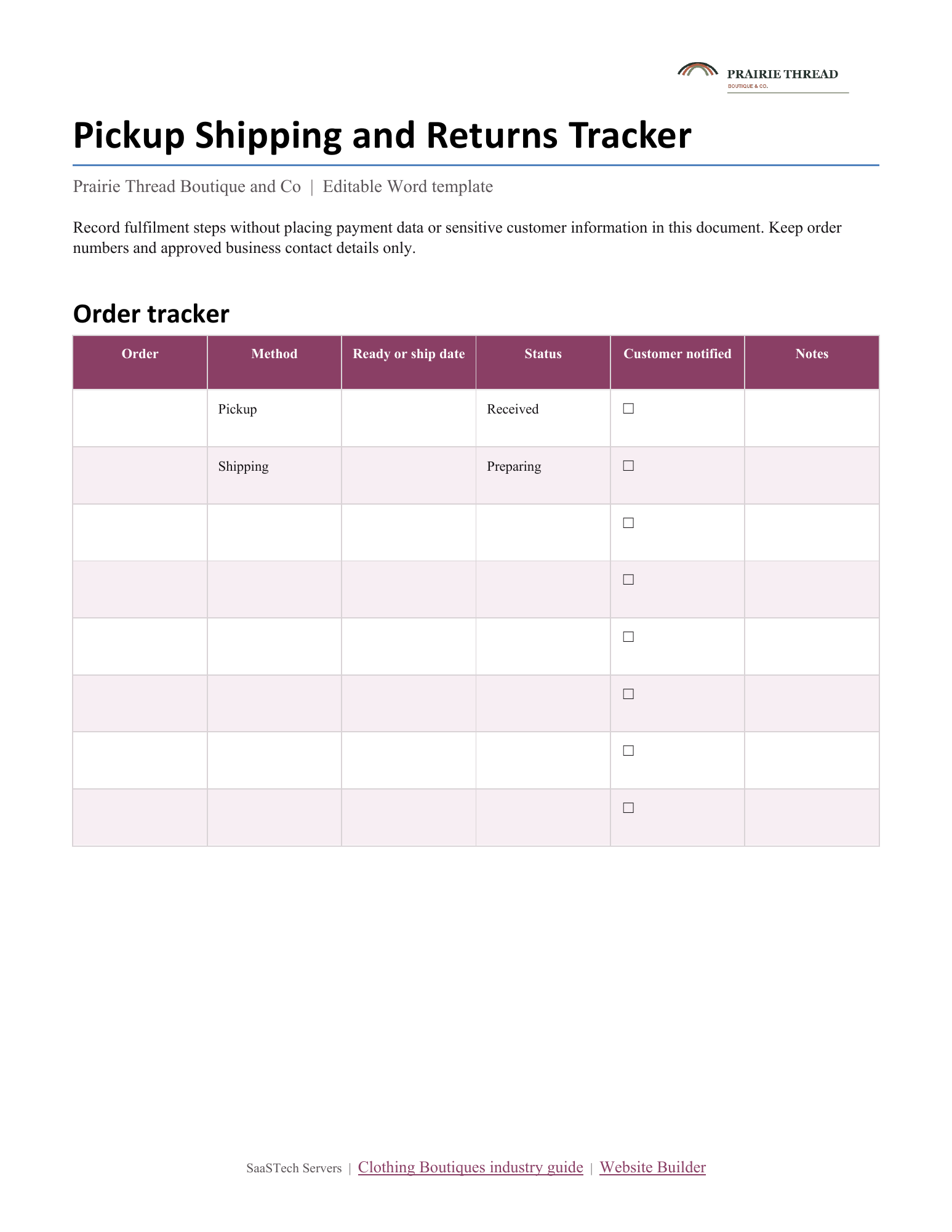 Pickup, shipping and returns tracker
