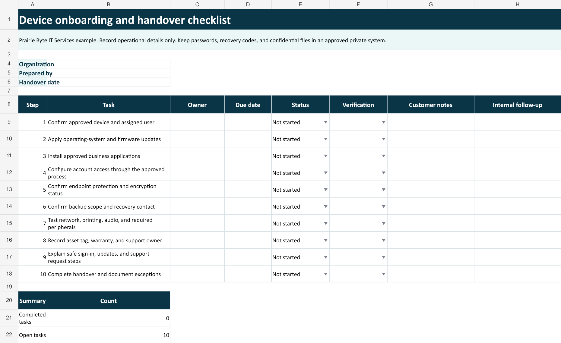 Device onboarding and handover checklist