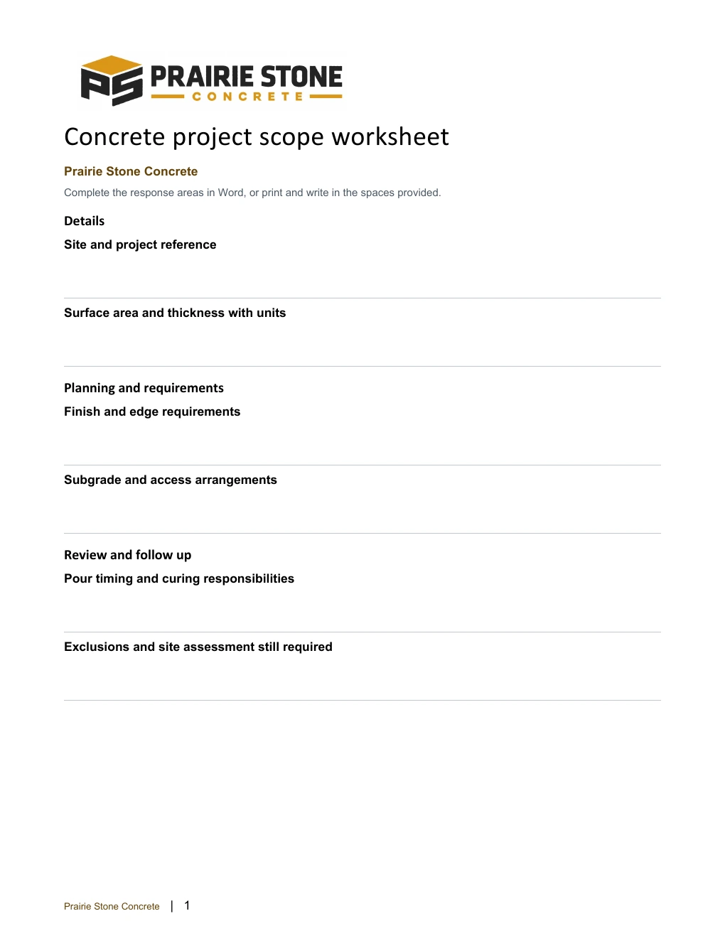 Concrete project scope worksheet