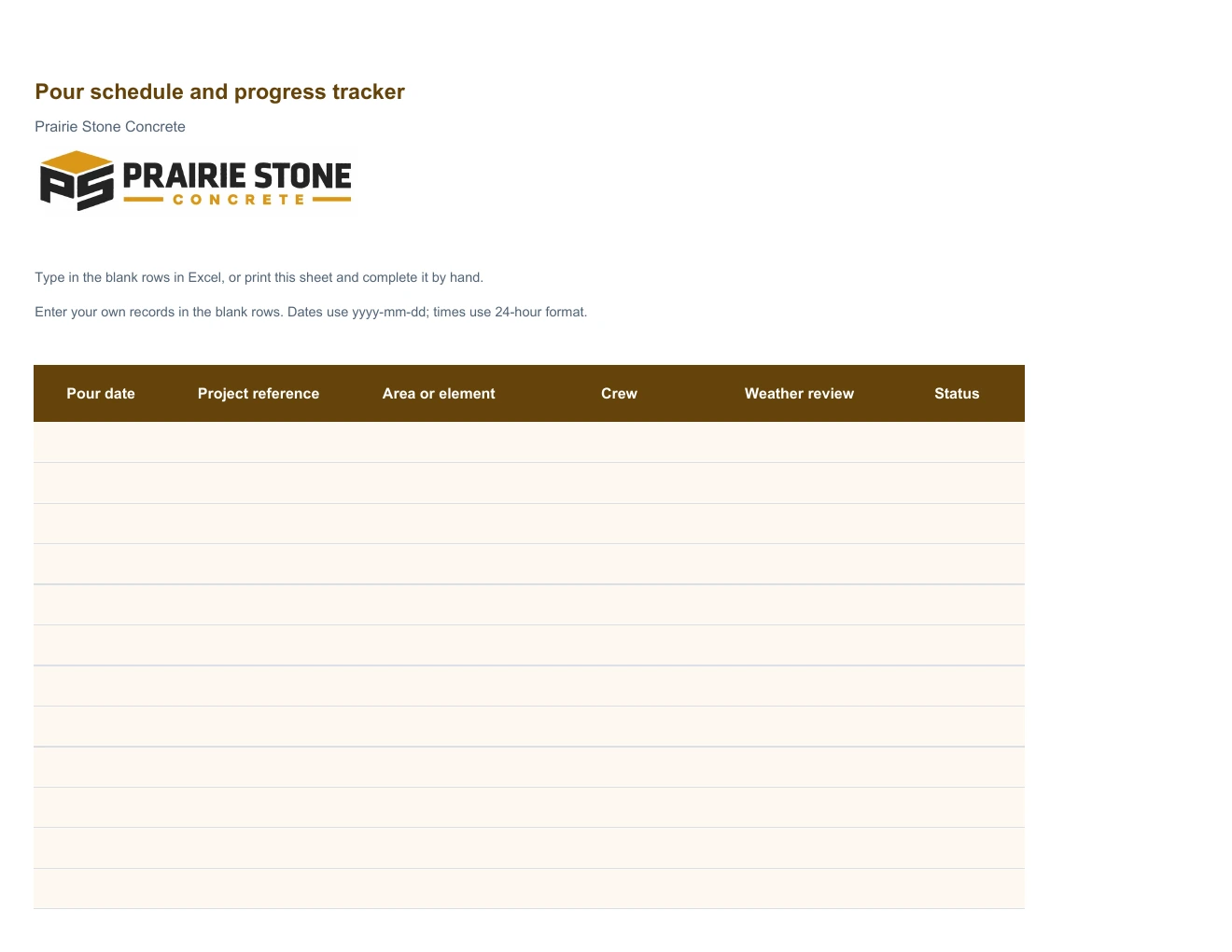 Pour schedule and progress tracker