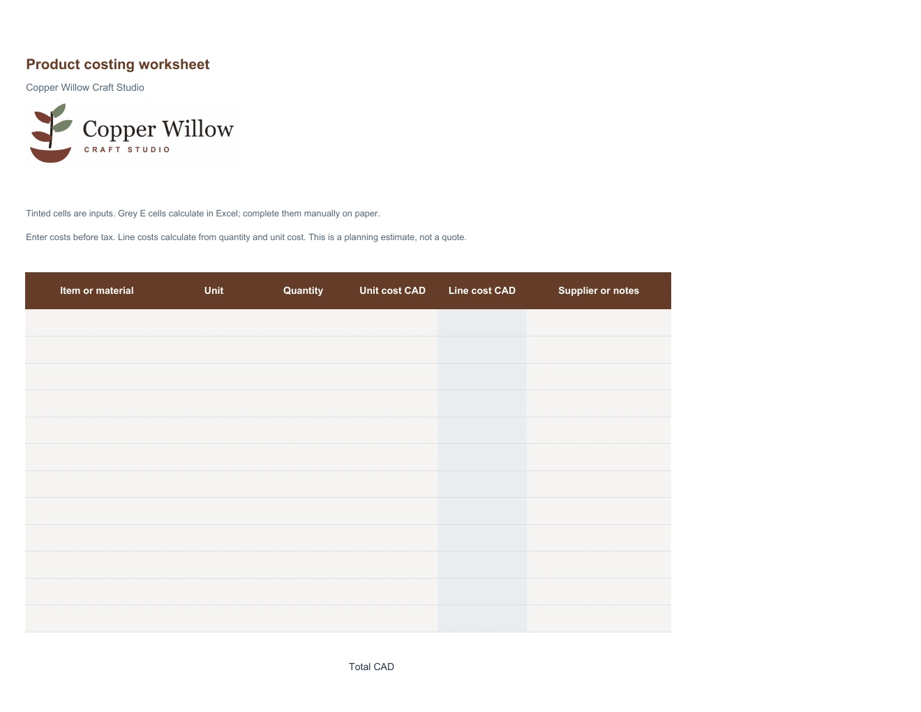 Product costing worksheet