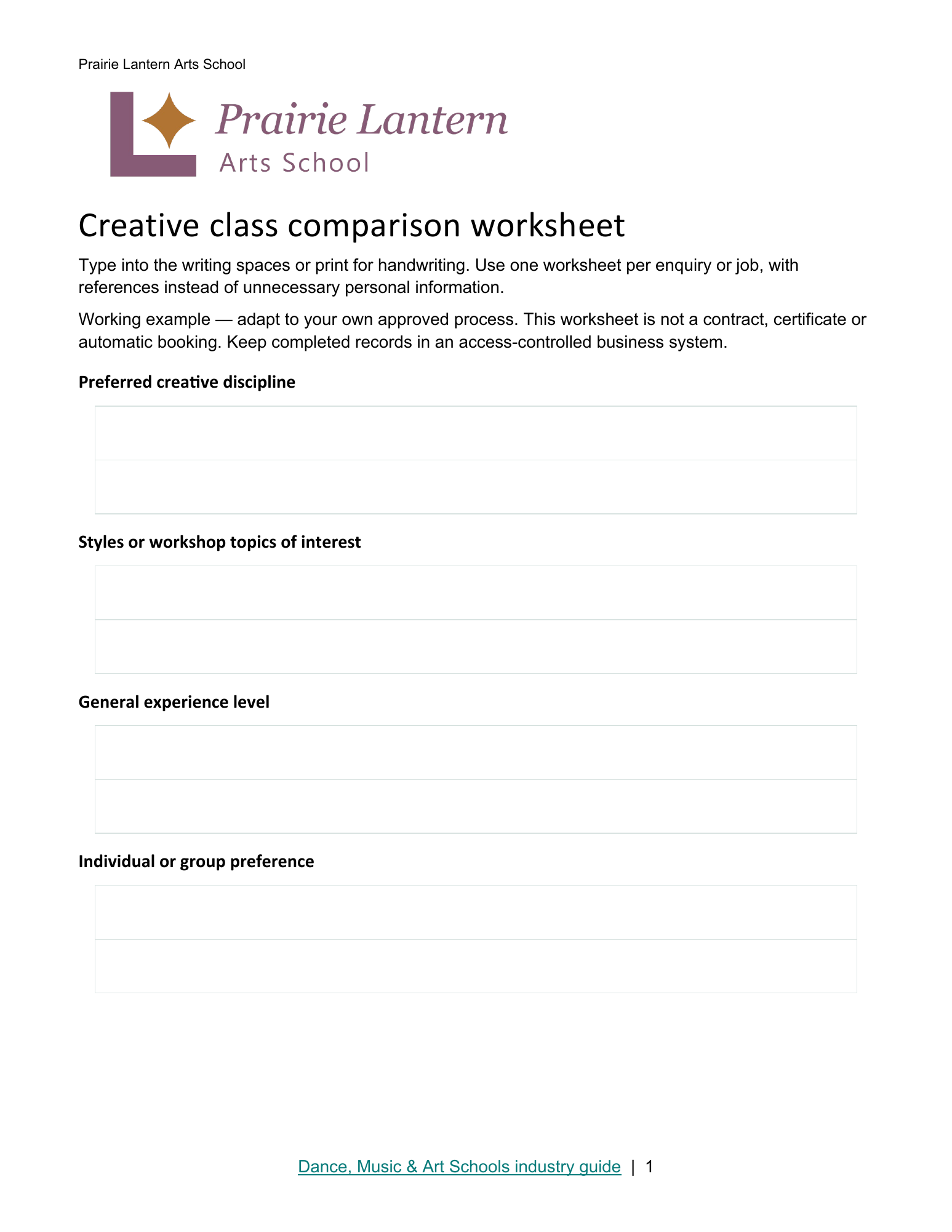 Creative class comparison worksheet · Page 1