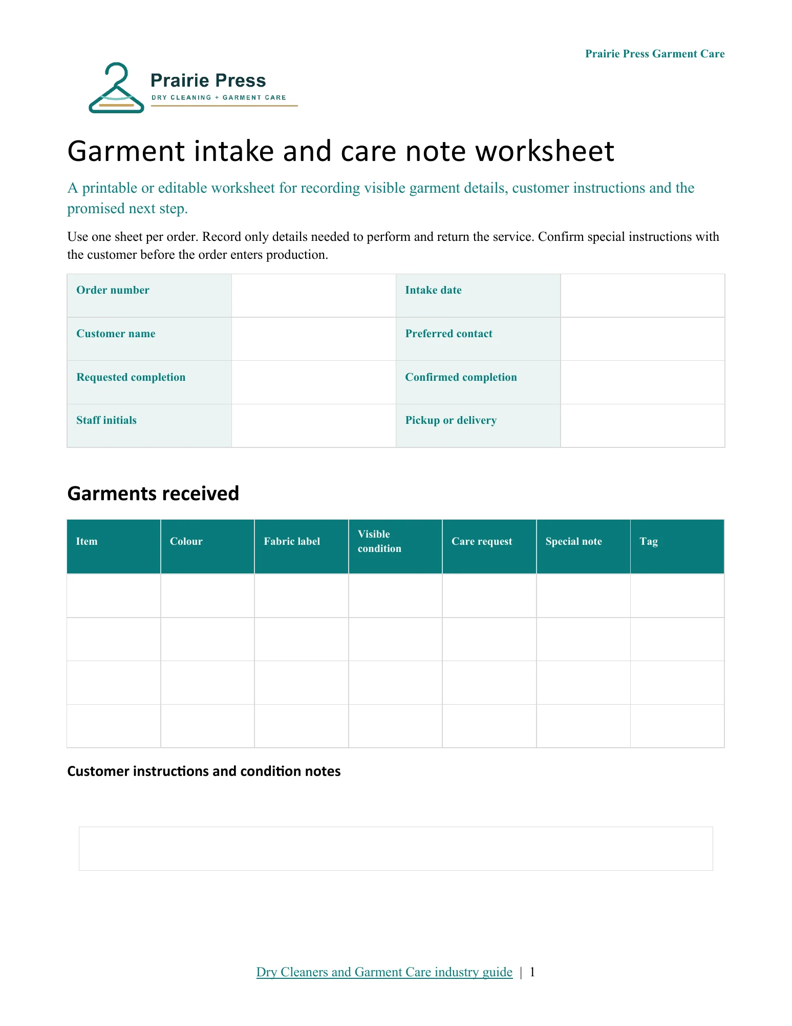Garment intake and care-note worksheet · Page 1
