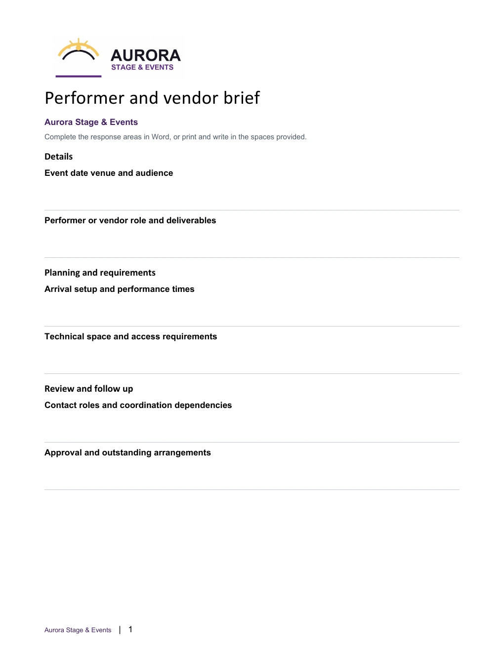 Performer and vendor brief