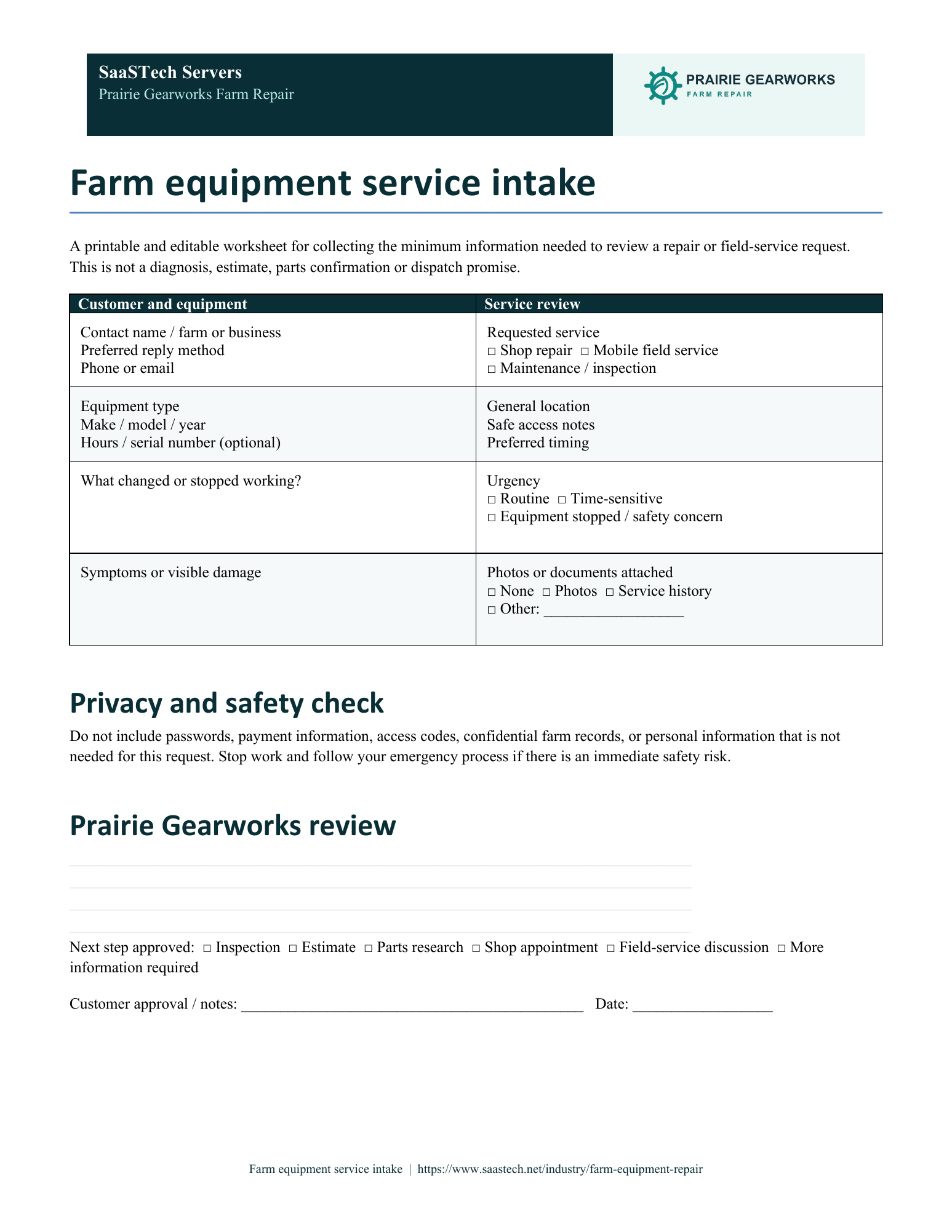 Farm equipment service intake