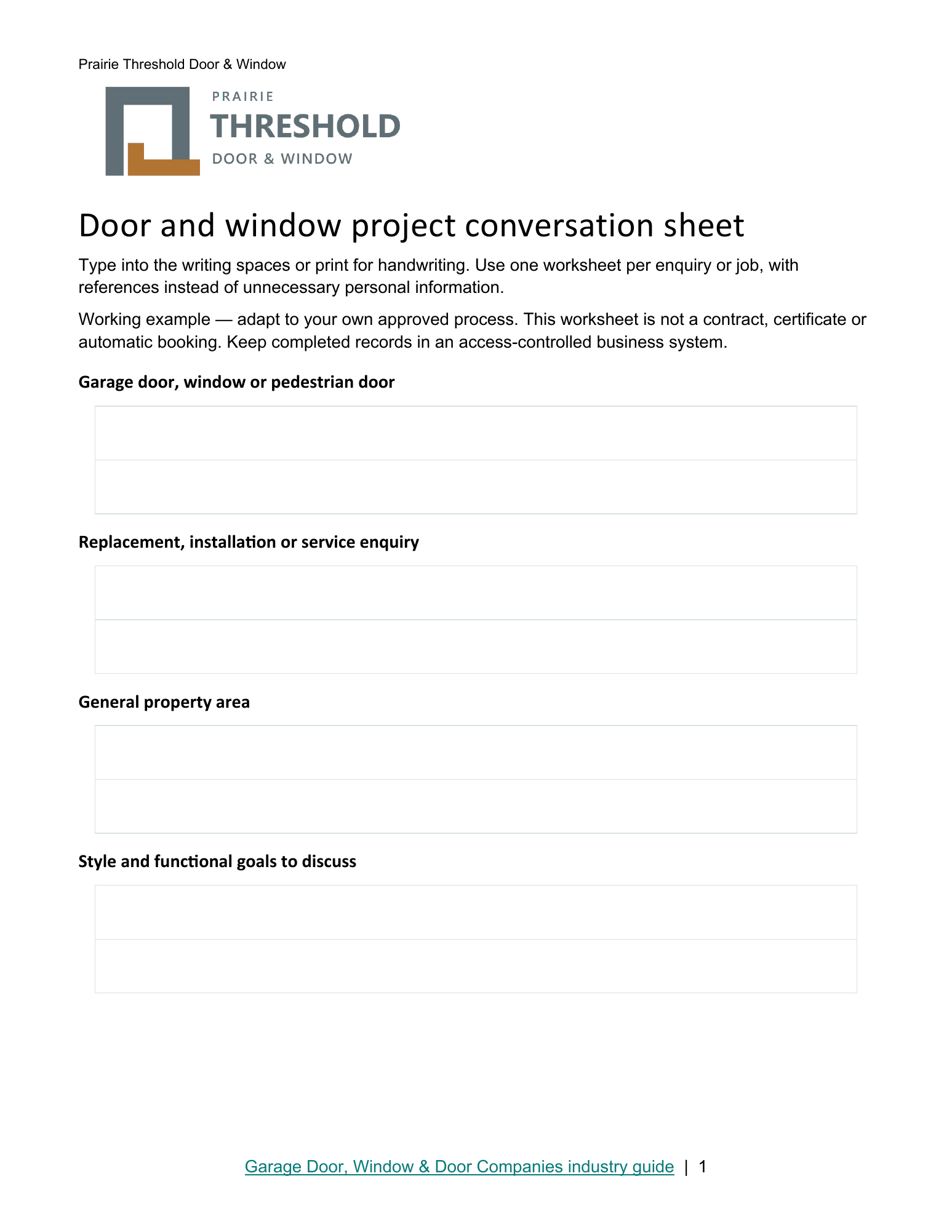 Door and window project conversation sheet · Page 1