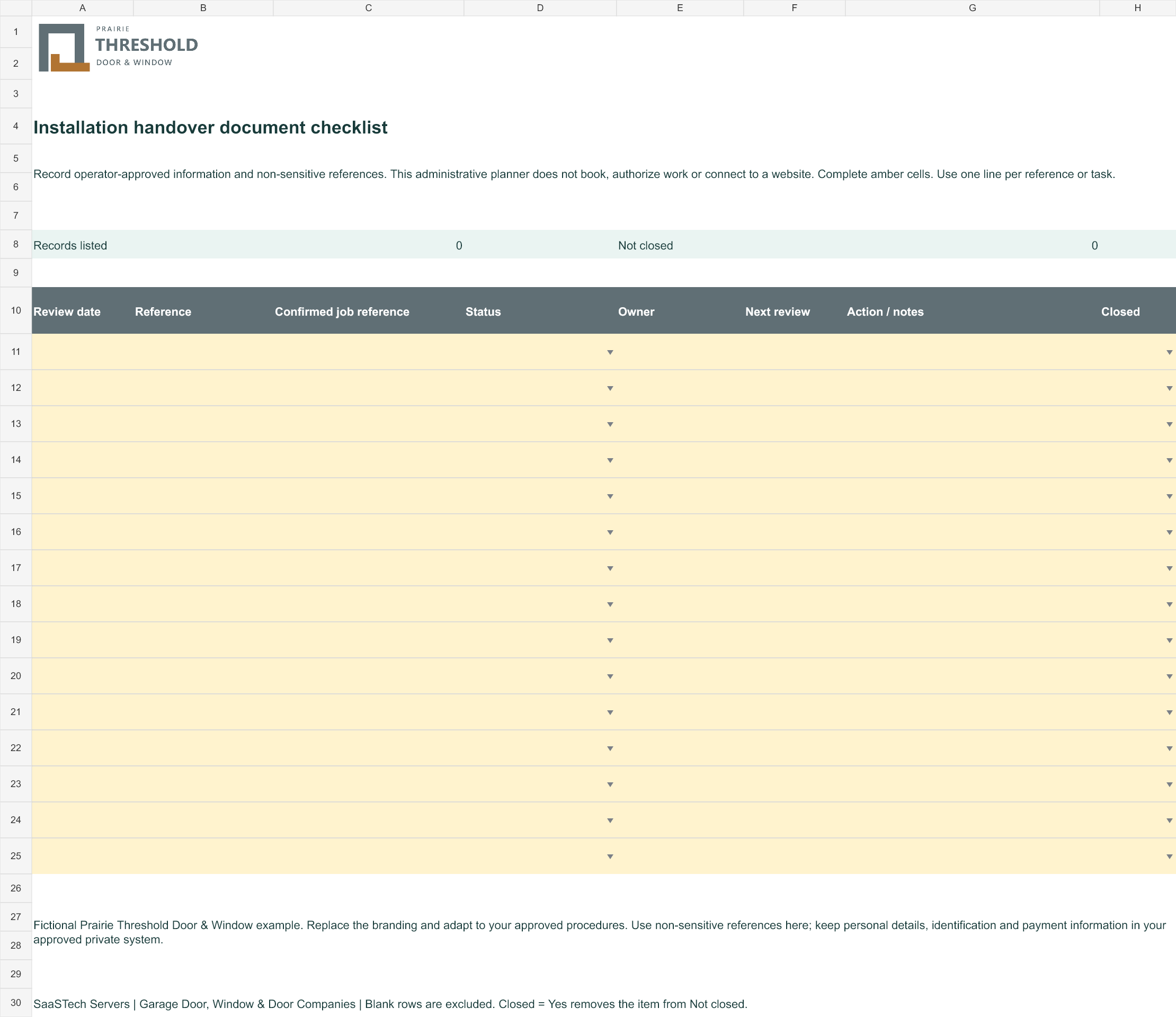 Installation handover document checklist