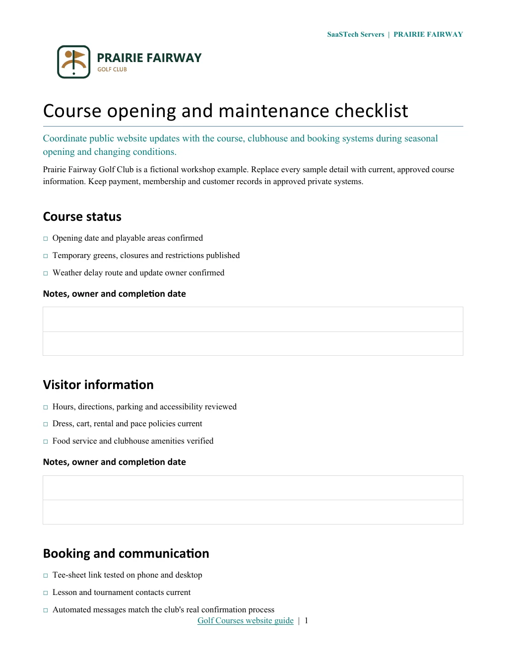 Course opening and maintenance checklist · Page 1